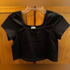 PINK Victoria's Secret XL Black Ribbed Short-sleeve Crop Top Rounded Square Neck